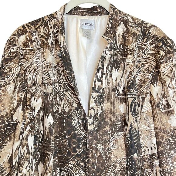 Chicos Womens Jacket Size 2 US L Brown Black Abstract Paisley Silk Blend Blazer - Picture 2 of 6